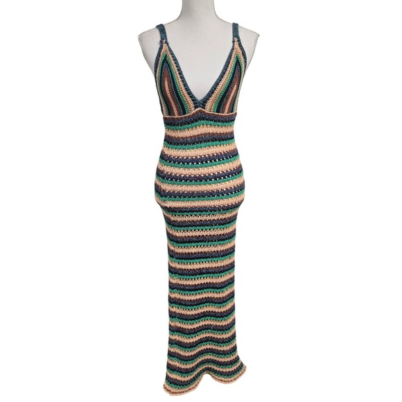 Zara Dresses & Skirts - Zara Multi Color Striped Crochet Knit V-Neck Maxi Dress Boho Summer Beach Size S